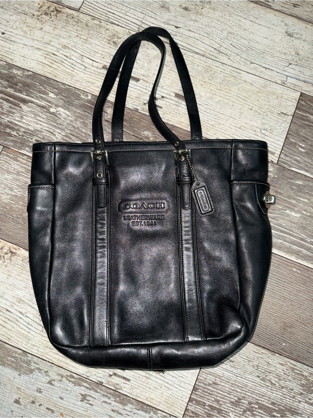Coach Black Leather Logo Embossed Tote